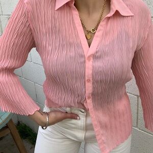 E. K. Designs | Pink Pleated Button Down Shirt with Notched Collar | Size M